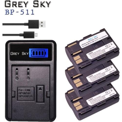 3x 7.4v 2200mah BP-511A BP-511 BP 511 511A BP511 BP511A Battery + LCD USB Charger for Canon EOS 40D 300D 5D 20D 30D 50D camera