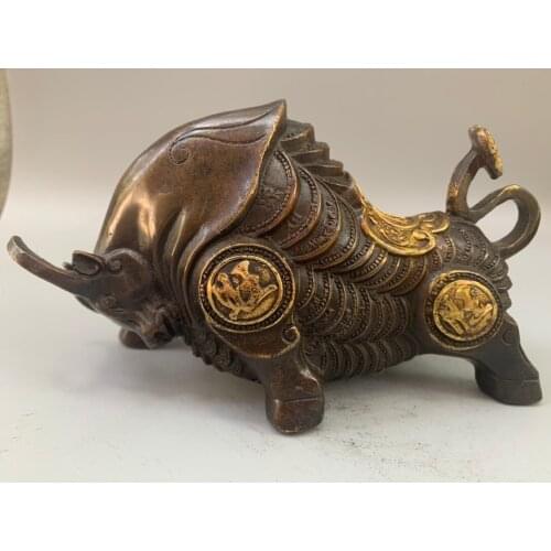 Asian antique art collection crafts, Chinese Old Copper Cow/OX Sculpture,Home Decoration Metal Bull Statue , Long 19CM
