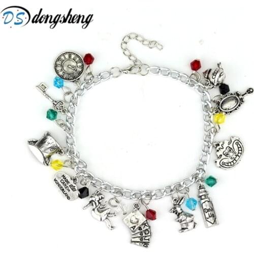 Alice Charm Bracelets&Bangles Fairy Tale Story Rabbit Hat Key Clock Red Crystal Beads Bracelet Fashion Women -25