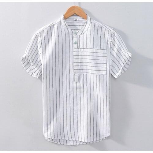2021 Summer simple striped stand collar white shirt men brand cotton and linen short sleeve shirts for men tops mens clothing