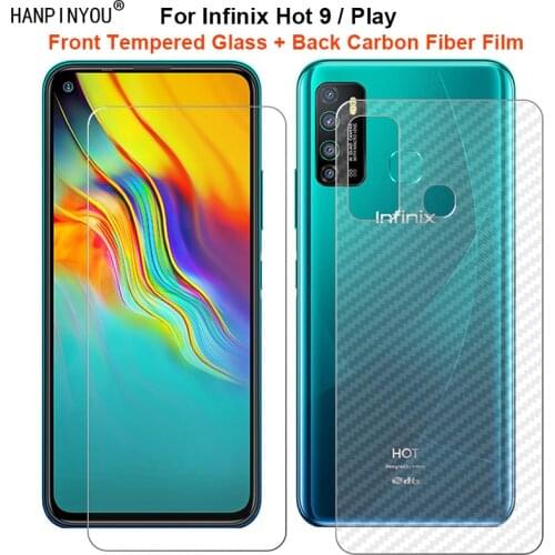 For Infinix Hot 9 / Play 1 Set = Soft Back Carbon Fiber Film + Premium Tempered Glass Front Screen Protector