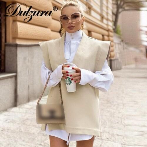 Dulzura 2021 Autumn Winter Women Solid Sleeveless V Neck Slit Sweatshirt Loose Casual Oversized Streetwear Fashion Tops