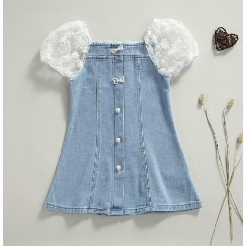 Toddler Baby Girl Mini Dress Casual Short Sleeve Denim Dress Infant Fashion Solid Color Summer Lace Stitching A-line Short Dress