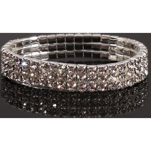 Fashion 3 Rows Full Crystal Rhinestone Elastic Bracelet Silver Color Bangle Bling Wristband Women Wedding Bridal Jewelry