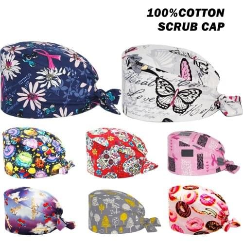New Scrub Hat Pure Cotton Adjustable Beauty Shop Dental Clinic Nursing Cap Cartoon Anime Printing Working Surgicals Hats Unisex