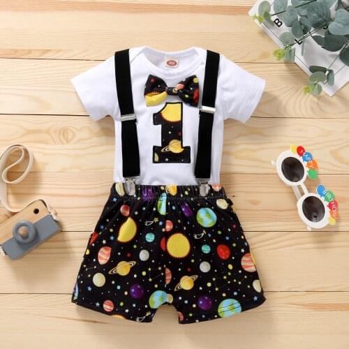 One Year 1 Year My First Birtdhay Outfits for Baby Boys Star Print Romper Bow Tie Suspender Shorts Birthday Party Clothes Set