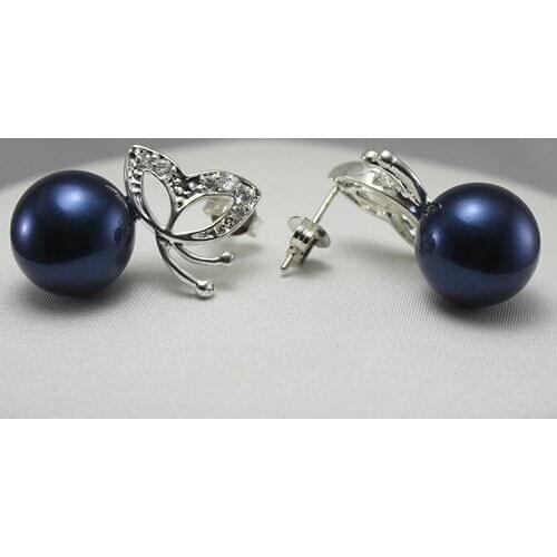 Wholesale fashion jewelry Elegant dark blue 8mm shell pearl with butterfly silver plated Earring #202