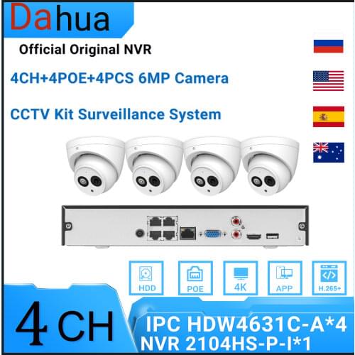 Dahua Original Kits 4PCS HDW4631C-A IP Camera 6MP Built-In Mic SD Card Slot + NVR2104HS-P-I WizSense Network Video Recorder 4POE