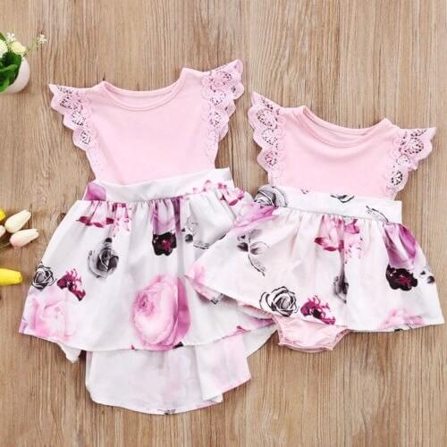 Citgeett Little Sister Toddler Kids Girls Floral Dress Sundress Newborn Baby Patchwork Lace Romper Clothes 0-6Y