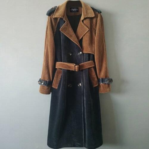 Hot Personalized Contrast Color Corduroy Windbreaker Women 2021 New Autumn Winter Fashion Casual Coat Over The Knee Long jackets