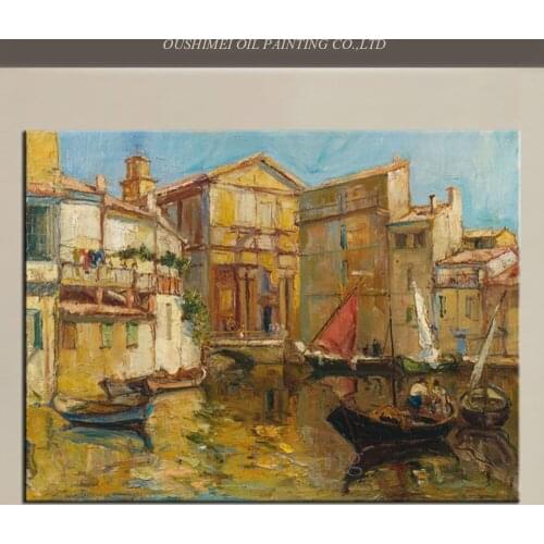 Handmade Unique Wall Art Decorative Calligraphy Landscape Picture Hand Paint Abstract Countryside Boat House Canvas Oil Painting