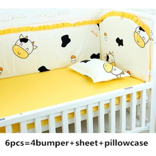 Discount! 6pcs Cow baby boy crib bedding sets Cot Crib Bedding Set Baby Bed Bumper Kit Soft Removable (4bumper+sheet+pillowcase)