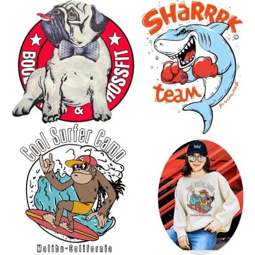 Funny fashion Cartoon Animals Heat Transfer Dog monkey shark Iron-On Transfers Thermal Stickers On Clothes For T-shirt Applique