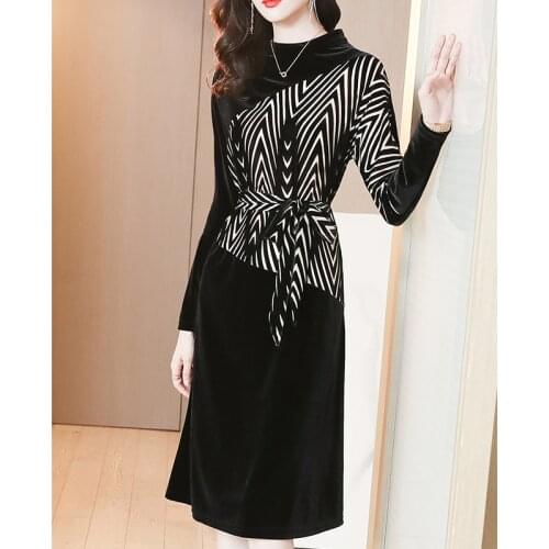 2021 Spring Autumn Black Gold Velvet Patchwork Dress Vintag 4XL Plus Size Solid Midi Dress Women Bodycon Elegant Party Vestidos