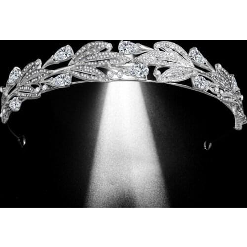 Floralbride Alloy Rhinestone Crystal Zircon Leaf Bridal Tiara Princess Crown Wedding Hair Accessories Women Bridesmaids Jewelry