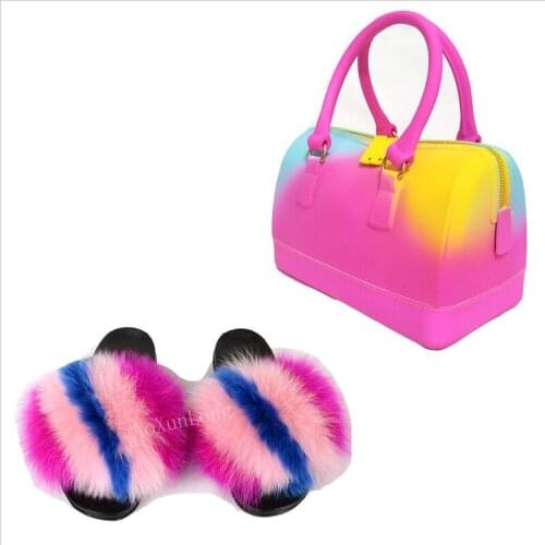 Women Summer Fox Fur Slippers Fashion Portable Jelly Bag Fluffy Fur Slides Indoor Non-Slip Flip Flops Furry Sandals Bag Set Hot