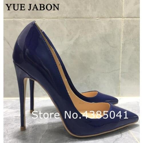 YUE JABON new women pumps 8/10/12cm dark blue shoes sexy pointed toe thin high heel party wedding shoes females plus size43
