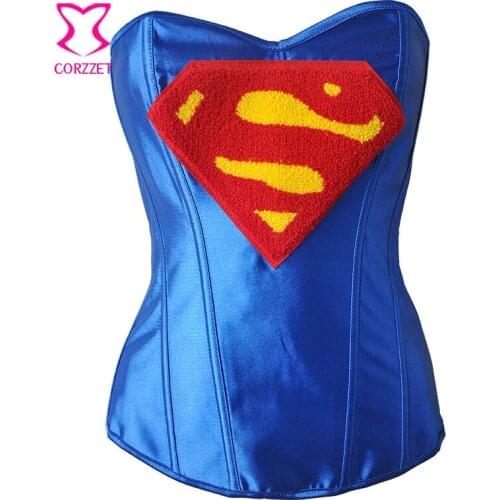 Superwoman Cosplay Blue Satin Zipper Corsets And Bustiers Gothic Corpetes E Corselet Overbust Corset Sexy Steampunk Costume