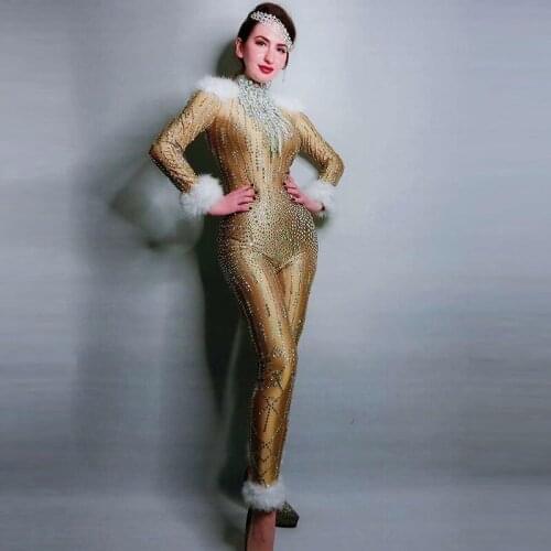 Long Sleeves Rhinestones Gold Stretch Jumpsuit Women Jazz Dance Feather Bodysuit Outfit Evening Show One-piece Party Wear DJ1026