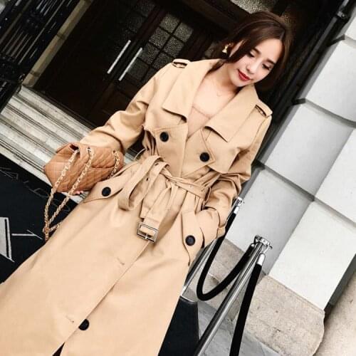 Retro spring autumn Trench women Solid Color Lady Long Windbreak single Breasted Slim Trench Coat With Belt