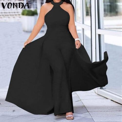 VONDA Women Jumpsuits Wide Leg Long Palazzo Pants Ladies Solid Sleeveless Halter Neck Pantalon Femme Office Overalls