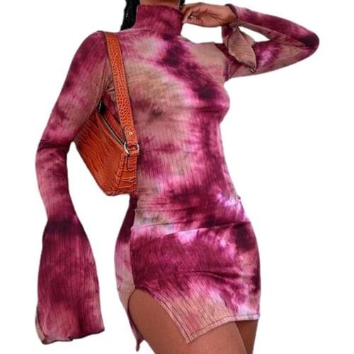 Women Close-fitting Slit Dress, Rosy Tie-dyed Printed Pattern Long Flared Sleeves Turtleneck Dresses Sexy Club Wear