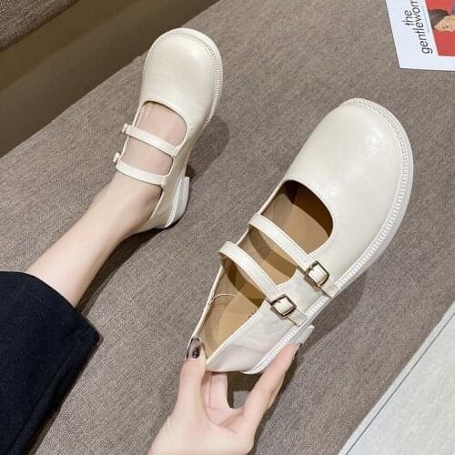 2021 Spring Women Flats Double Buckle Mary Janes Low Heels Casual Shoes Black White Lolita Shoes Girls Round Toe Shallow 9035G