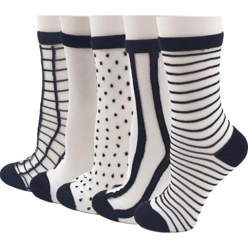 5 Pairs/lot Different Style Lace Transparent Crystal Women Socks Comfy Sheer Silk Summer Style Ankle Socks
