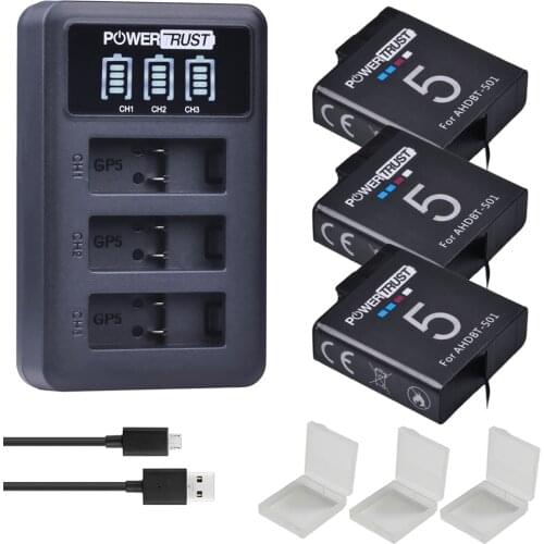 3pc Battery for Gopro5 Gopro 8 AHDBT-501+LED USB 3Slots Charger with Type C port for Gopro hero 5 hero 6 Gopro7 Action Camera