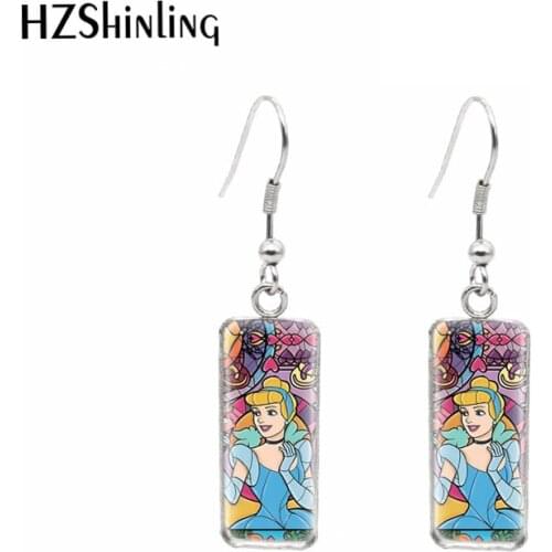 Ariel Snow White Belle Cinderella Princess Cartoon Pattern Rectangle Hook Dangle Drop Earrings Glass Cabochon Ear Jewelry
