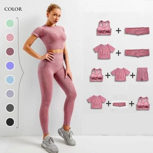 Seamless Women Yoga Set Workout Shirts Sport Pants Bra Gym Vital Clothing Short Crop Top High Waist Running Leggings Sports Set