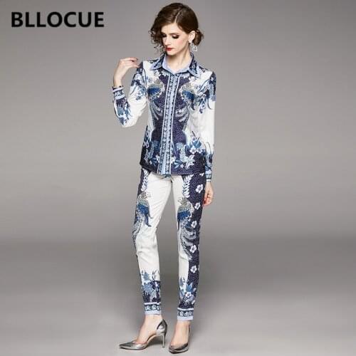 BLLOCUE 2020 Spring Designer Runway Suit Set 2 Piece Set Women Vintage Flower Print Long Sleeve Shirt Blouse+Pencil Pant Suit