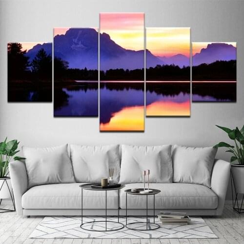 Big size 5pcs purple sky wall art pictures sunset lake mountains landscape gold dusk Canvas Painting living room frame Artwork