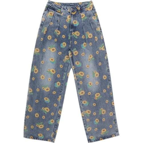Hip Hop Pants Man Women Streetwear Flowers daisy Print Men Trousers 2021 Summer Harajuku Joggers Pants Jeans Oversize Loose Blue