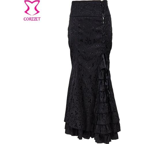 Black Vintage Skirts Mermaid Fishtail Slim OL Lace Up maxi long Skirt Women Asymmetric Split Skirt Ruffled Skirts plus size