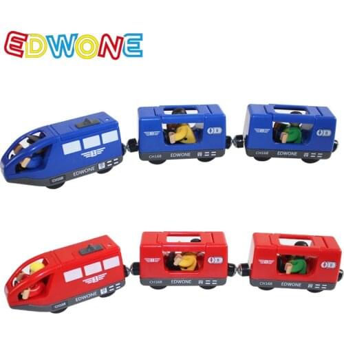 EDWONE 2colors 3pcs/set wooden Magnetic Electric Train toys with Two Carriages Fit Tomasi Wooden Slot Hot Toy for kids best gift