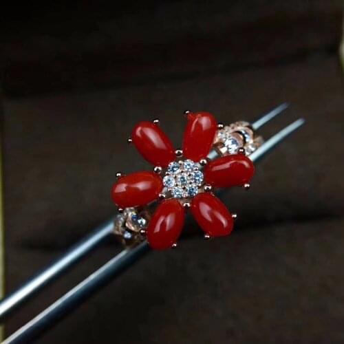 Fashion Elegant flowers Natural red coral gem Ring S925 Silver Natural gemstone Ring Women girl wedding party gift Ring Jewelry