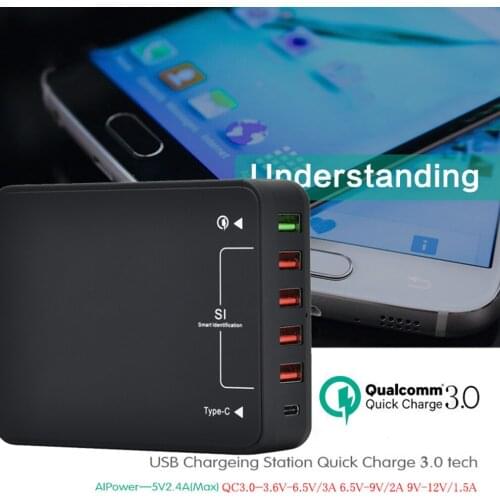 Compact Size 6 Ports QC3.0 Multiple Smart Charger Adapter Q8118 Fast Charging Charger For Iphone For Samsung Black