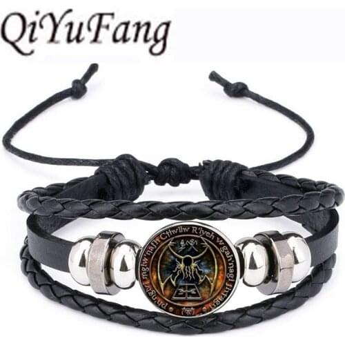 QiYuFan Cthulhu R'lyeh Sigil Leather Bracelet inspired by H.P. Lovecraft Jewelry Black Multilayers Charm Bracelets Women Men
