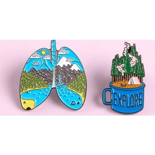 Beautiful Nature Lung Badge Creative Cartoon Adventure Camping Metal Enamel Brooch Trendy EXPLORE Costume Backpack Jewelry Gifts