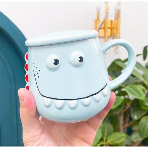 Cute Dinosaur Hand Painted Cartoon Personality Mug With Lid Spoon Breakfast Milk Cup Childr Creative Ceramic Big Belly Water Cup