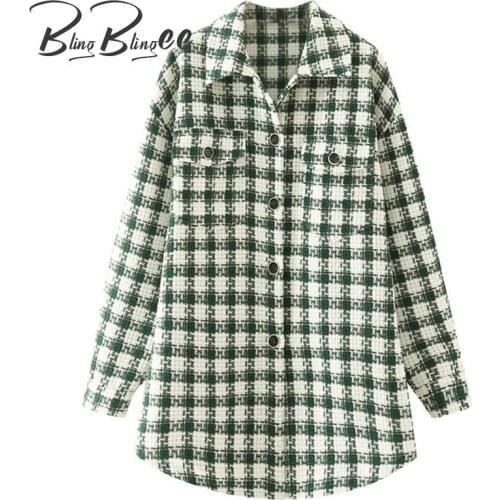 BlingBlingee 2021 Za Autumn Winter Jackets Thick Plaid Shirt Drop Shoulder Curved Hem Casual Loose Traf Top Woman Green Blouses