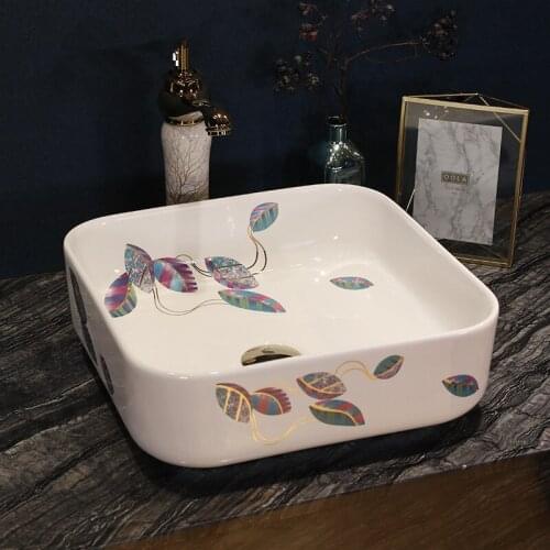 Square leaf pattern Europe Vintage Style Art wash basin sink Countertop Basin Sink Handmade ceramic porcelain wash basin