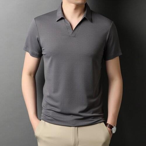Summer ice silk short-sleeved T-shirt Mens trend Half-sleeve shirt collar Solid color lapel POLO shirt Mens wear