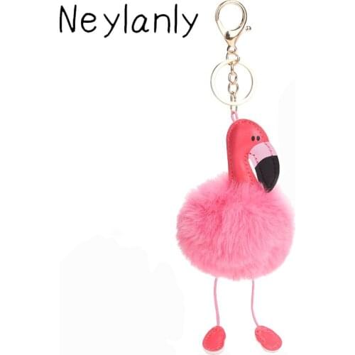 Fashion Women Bag Pink Flamingo Key Chain Ring Nice Purse Keychain Key Holder Charm Handbag Car Pendant Accessories Girl Gift