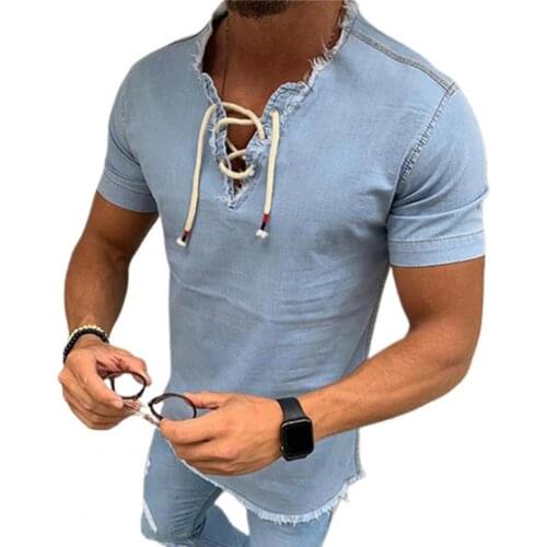 40%HOT Men T-shirt V Neck Lace-up Summer Solid Color Short Sleeve Top for Daring