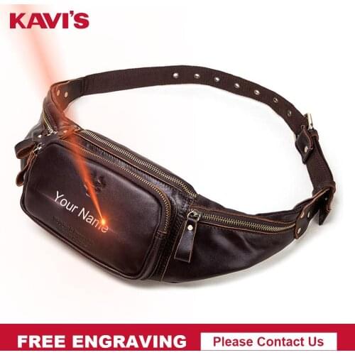 KAVIS Free Engraving 100% Cowhide Genuine Leather Waist Bag Men Male Packs Belt Loops Chest Bag Mobile Phone Holder Bag Named
