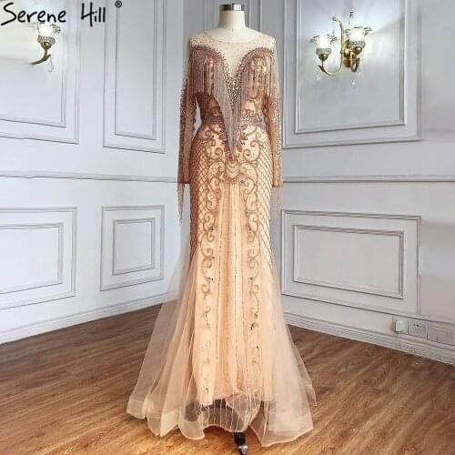 Dubai Design Long Sleeves Luxury Prom Dresses 2020 Gold Beading Tassel Prom Dress Long Real Photo BLA60780