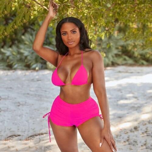 Sexy Halter Bikini 2021 New Boxer Swimwear Women Swimsuit Female Two Pieces Bikini Set Solid Bather Bathing Suit Beachwear Swim