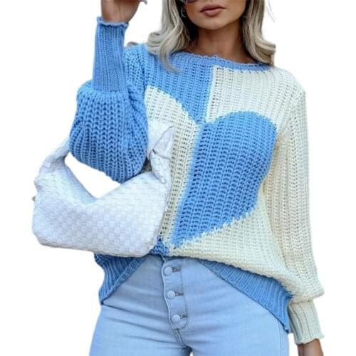 2021 Women Sweater Heart Pattern Color Block Autumn Winter O Neck Lantern Sleeve Knitted Top Sweater Streetwear свитер женский